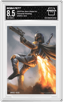 Boba Fett from the 2023 Card.Fun Star Wars Global Art Series set featuring a Character Painting parallel graded by Arena Club and given an overall grade of 8.5.