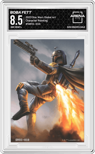 Boba Fett from the 2023 Card.Fun Star Wars Global Art Series set featuring a Character Painting parallel graded by Arena Club and given an overall grade of 8.5.