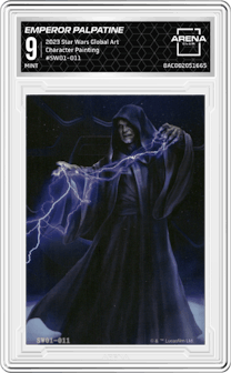 Emperor Palpatine from the 2023 Card.Fun Star Wars Global Art Series set featuring a Character Painting parallel graded by Arena Club and given an overall grade of 9.