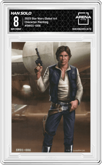 Han Solo from the 2023 Card.Fun Star Wars Global Art Series set featuring a Character Painting parallel graded by Arena Club and given an overall grade of 8.