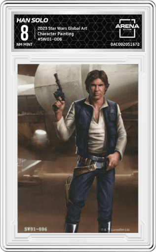 Han Solo from the 2023 Card.Fun Star Wars Global Art Series set featuring a Character Painting parallel graded by Arena Club and given an overall grade of 8.