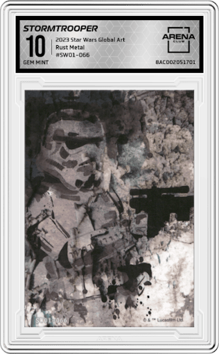 Stormtrooper from the 2023 Card.Fun Star Wars Global Art Series set featuring a Rust Metal parallel graded by Arena Club and given an overall grade of 10.