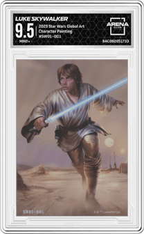 Luke Skywalker from the 2023 Card.Fun Star Wars Global Art Series set featuring a Character Painting parallel graded by Arena Club and given an overall grade of 9.5.