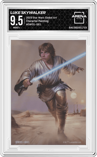 Luke Skywalker from the 2023 Card.Fun Star Wars Global Art Series set featuring a Character Painting parallel graded by Arena Club and given an overall grade of 9.5.
