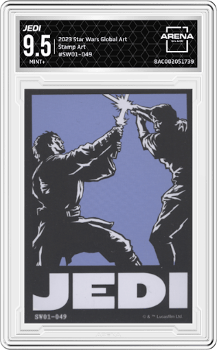 Jedi from the 2023 Card.Fun Star Wars Global Art Series set featuring a Stamp Art parallel graded by Arena Club and given an overall grade of 9.5.