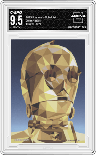 C-3PO from the 2023 Card.Fun Star Wars Global Art Series set featuring a Color Mosaic parallel graded by Arena Club and given an overall grade of 9.5.