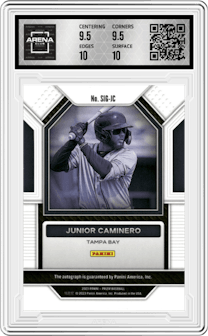 Junior Caminero from the 2023 Panini Prizm set graded by Arena Club and given an overall grade of 10.