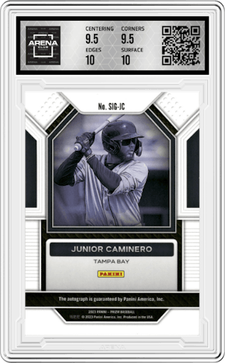 Junior Caminero from the 2023 Panini Prizm set graded by Arena Club and given an overall grade of 10.