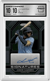 Junior Caminero from the 2023 Panini Prizm set graded by Arena Club and given an overall grade of 10.