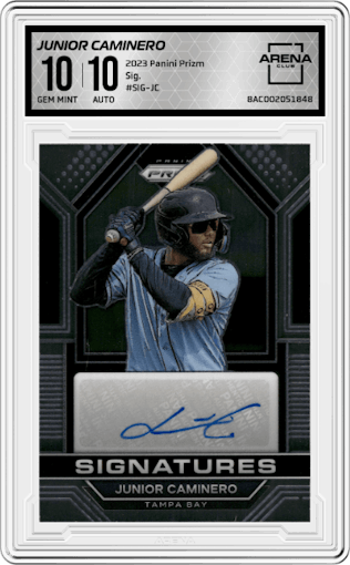Junior Caminero from the 2023 Panini Prizm set graded by Arena Club and given an overall grade of 10.