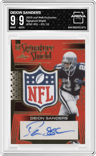 Deion Sanders from the 2023 Leaf Web Exclusives set graded by Arena Club and given an overall grade of 9.