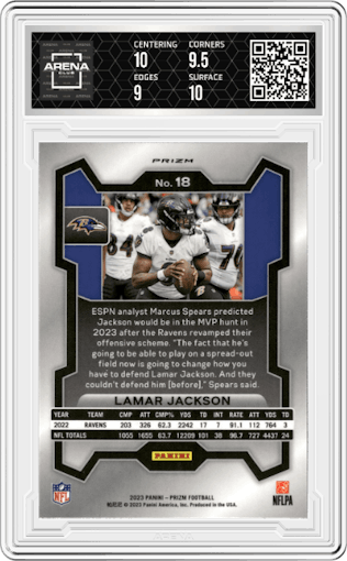 Lamar Jackson from the 2023 Panini Prizm set featuring a Black/White Checker parallel graded by Arena Club and given an overall grade of 9.5.