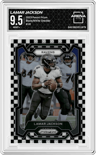 Lamar Jackson from the 2023 Panini Prizm set featuring a Black/White Checker parallel graded by Arena Club and given an overall grade of 9.5.