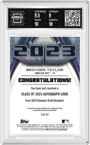 Brayden Taylor from the 2023 Bowman Draft set graded by Arena Club and given an overall grade of 9.5.