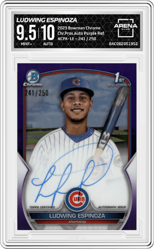 Ludwing Espinoza from the 2023 Bowman Chrome set featuring a Purple Refractor parallel graded by Arena Club and given an overall grade of 9.5.