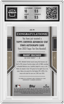 Manny Machado from the 2023 Topps Tier One set graded by Arena Club and given an overall grade of 10.