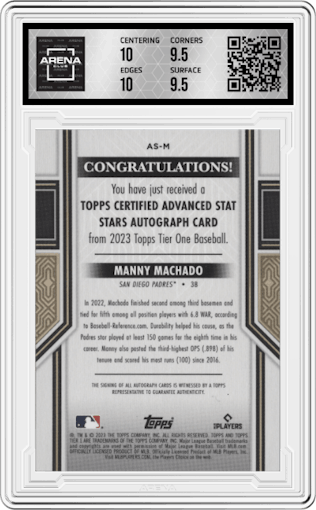 Manny Machado from the 2023 Topps Tier One set graded by Arena Club and given an overall grade of 10.