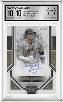 Manny Machado from the 2023 Topps Tier One set graded by Arena Club and given an overall grade of 10.