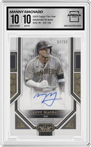 Manny Machado from the 2023 Topps Tier One set graded by Arena Club and given an overall grade of 10.