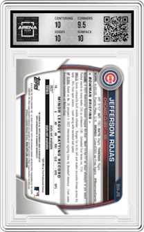 Jefferson Rojas from the 2023 Bowman Mega Box set graded by Arena Club and given an overall grade of 10.