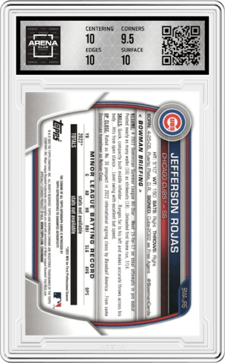 Jefferson Rojas from the 2023 Bowman Mega Box set graded by Arena Club and given an overall grade of 10.