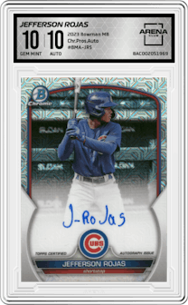 Jefferson Rojas from the 2023 Bowman Mega Box set graded by Arena Club and given an overall grade of 10.