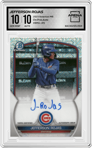 Jefferson Rojas from the 2023 Bowman Mega Box set graded by Arena Club and given an overall grade of 10.