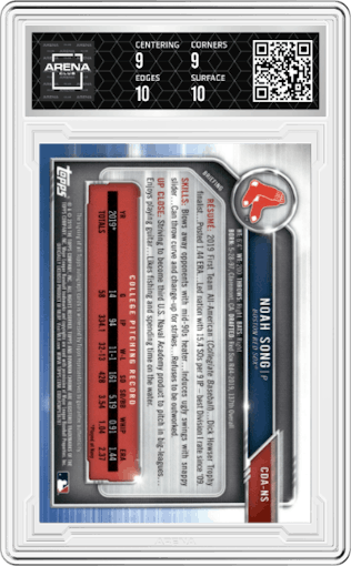 Noah Song from the 2019 Bowman Draft set featuring a Blue Refractor parallel graded by Arena Club and given an overall grade of 9.5.