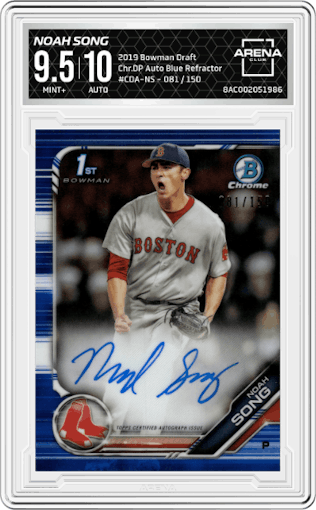 Noah Song from the 2019 Bowman Draft set featuring a Blue Refractor parallel graded by Arena Club and given an overall grade of 9.5.