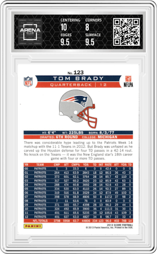 Tom Brady from the 2013 Score set graded by Arena Club and given an overall grade of 8.5.