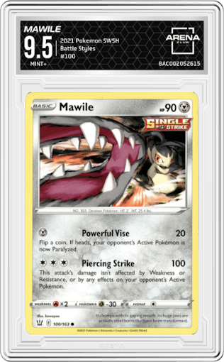 Mawile from the 2021 Pokemon SWSH set graded by Arena Club and given an overall grade of 9.5.