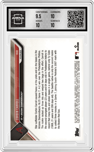 Corbin Carroll from the 2023 Topps Now set graded by Arena Club and given an overall grade of 10.