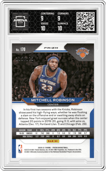 Mitchell Robinson from the 2020-21 Panini Prizm set featuring a Blue Ice parallel graded by Arena Club and given an overall grade of 9.5.
