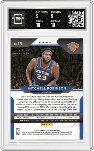 Mitchell Robinson from the 2020-21 Panini Prizm set featuring a Blue Ice parallel graded by Arena Club and given an overall grade of 9.5.