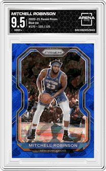 Mitchell Robinson from the 2020-21 Panini Prizm set featuring a Blue Ice parallel graded by Arena Club and given an overall grade of 9.5.