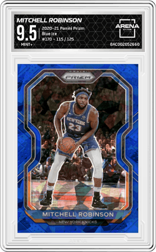 Mitchell Robinson from the 2020-21 Panini Prizm set featuring a Blue Ice parallel graded by Arena Club and given an overall grade of 9.5.