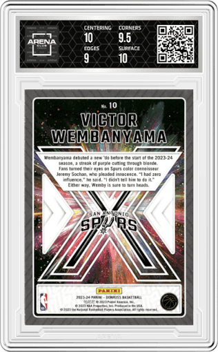 Victor Wembanyama from the 2023-24 Panini Donruss set graded by Arena Club and given an overall grade of 9.5.