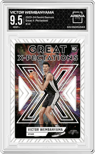 Victor Wembanyama from the 2023-24 Panini Donruss set graded by Arena Club and given an overall grade of 9.5.