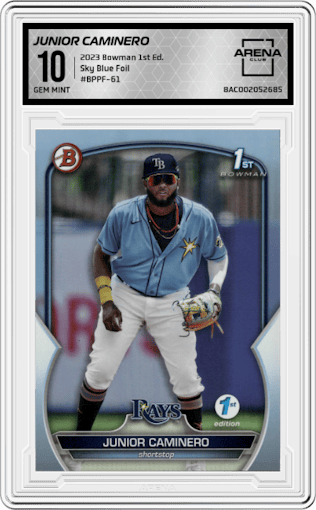 Junior Caminero from the 2023 Bowman 1st Edition  set featuring a Sky Blue Foil parallel graded by Arena Club and given an overall grade of 10.