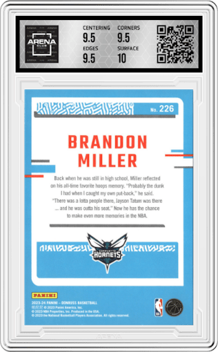 Brandon Miller from the 2023-24 Panini Donruss set graded by Arena Club and given an overall grade of 10.