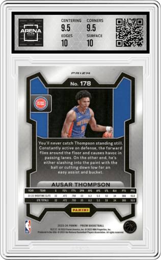 Ausar Thompson from the 2023-24 Panini Prizm set featuring a Ice Prizm parallel graded by Arena Club and given an overall grade of 10.