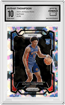 Ausar Thompson from the 2023-24 Panini Prizm set featuring a Ice Prizm parallel graded by Arena Club and given an overall grade of 10.