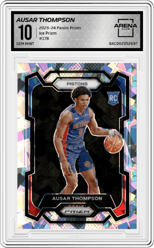 Ausar Thompson from the 2023-24 Panini Prizm set featuring a Ice Prizm parallel graded by Arena Club and given an overall grade of 10.