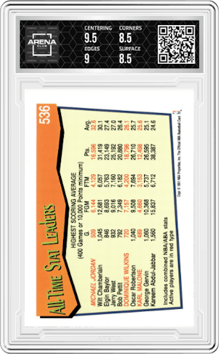 Michael Jordan from the 1991-92 NBA Hoops set graded by Arena Club and given an overall grade of 9.