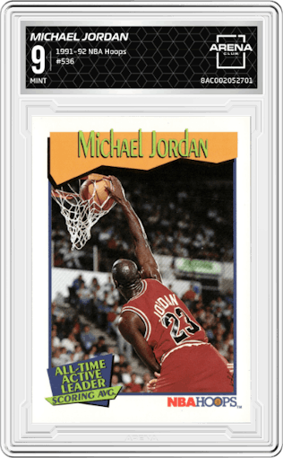 Michael Jordan from the 1991-92 NBA Hoops set graded by Arena Club and given an overall grade of 9.