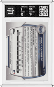 Junior Caminero from the 2023 Bowman  set graded by Arena Club and given an overall grade of 9.5.