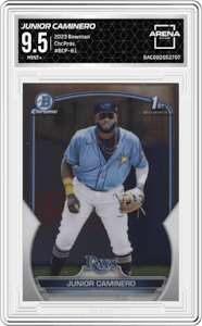 Junior Caminero from the 2023 Bowman  set graded by Arena Club and given an overall grade of 9.5.
