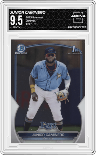 Junior Caminero from the 2023 Bowman  set graded by Arena Club and given an overall grade of 9.5.