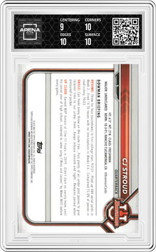CJ Stroud from the 2021-22 Bowman University set graded by Arena Club and given an overall grade of 9.5.
