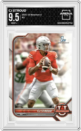 CJ Stroud from the 2021-22 Bowman University set graded by Arena Club and given an overall grade of 9.5.